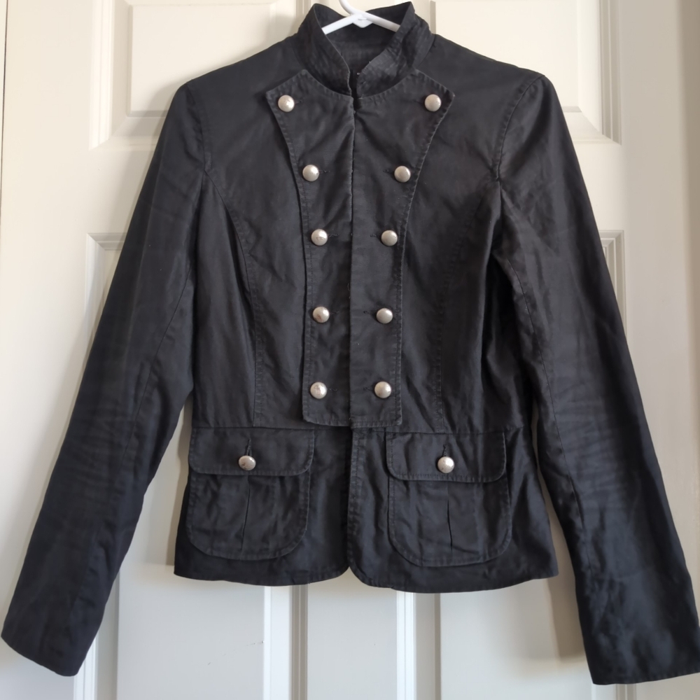 Black 2010s 100% cotton military style jacket with silver buttons